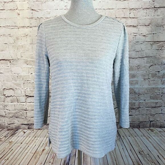Liz Claiborne Womens Gray Long Sleeve Sweater Striped Button Embellished Medium - Picture 1 of 7